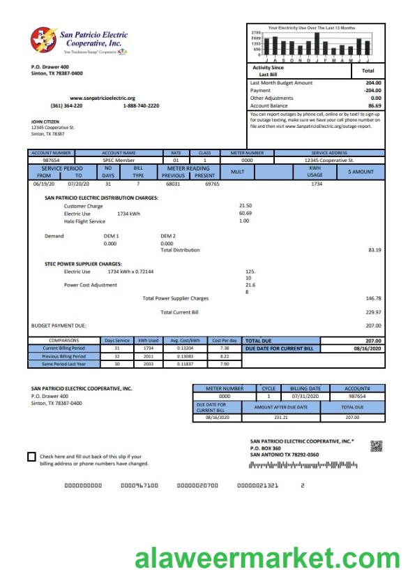 USA Texas San Patricio Electric Corporative utility bill template in Word and PDF (.doc and .pdf) format